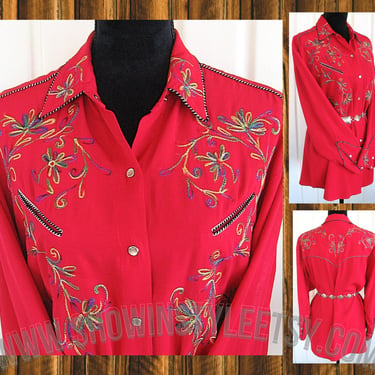 A.B.S. of California Vintage Western Women's Cowgirl Shirt, Bright Red with Variegated Floral Embroidery, Tag Size Large (see meas. photo) 