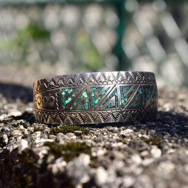 Vintage Signed Sterling Silver Turquoise Chip Inlay Cuff Bracelet, Mosaic Aztec Designs, Chiseled Silver, Native American Jewelry, 5 3/8” 