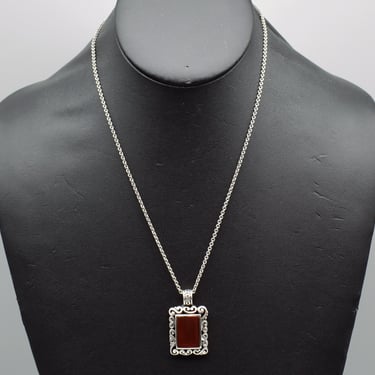 80's sterling carnelian rectangular Byzantine pendant, ornate FAS 925 silver red gem necklace 