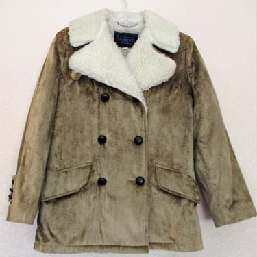 Vintage 1970s Brent Sherpa Jacket, Peacoat, Small Women, golden brown thick velveteen, Faux Fleece Lining & Trim 