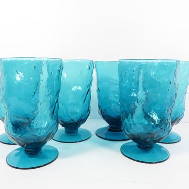 Vintage Morgantown Seneca Driftwood Glass Peacock Blue Crinkle Footed Goblets Tumblers 