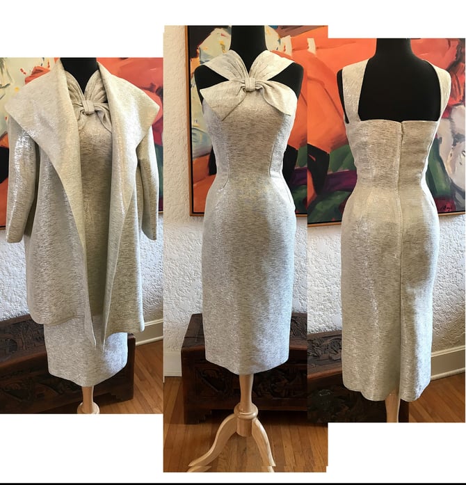 Stunning Vintage 1950's Lurex Matalic Silver Cocktail Party Dress with Matching Coat Size Small 