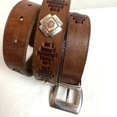 Vintage brown leather southwestern style belt 90s trend western shiny carved silver buckle long skinny trouser belt unisex Men’s Med 29”-33” 