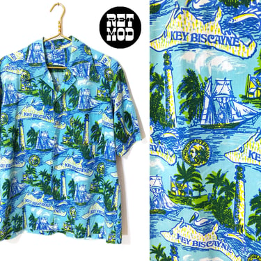 Vintage Men's 70s Blue Tiki Key Bicayne Florida Shirt with Lighthouse, Pelican, Pirate Ship and Palm Trees 