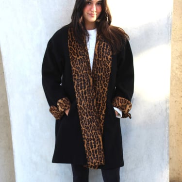 Vintage 1980s Swing Coat, Black Wool, Dolman Sleeves, Animal Print Faux Fur, S/M Women 