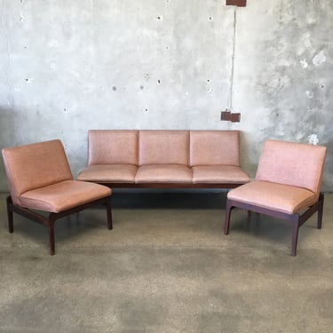 1960's Mid Century Modern Solid Walnut Sectional Sofa &amp; 2 Chairs