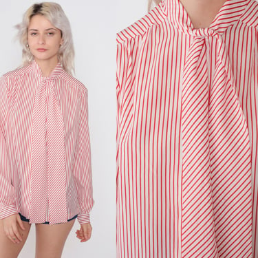 Striped Necktie Top 70s Ascot Blouse Red White Pussy Bow Shirt Candy Stripe Button Up Long Sleeve Neck Tie Secretary Vintage 1970s Large L 