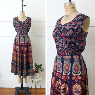 volup vintage 1970s india cotton dress • colorful block print fit & flare sundress with full skirt 