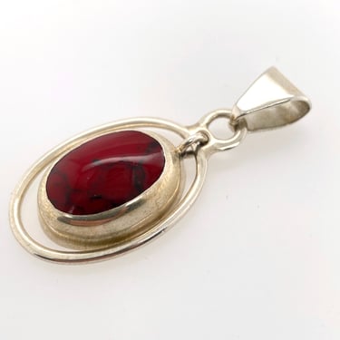 Vintage Sterling Silver Red Jasper Modernist Oval Pendant Necklace Mexico 925 