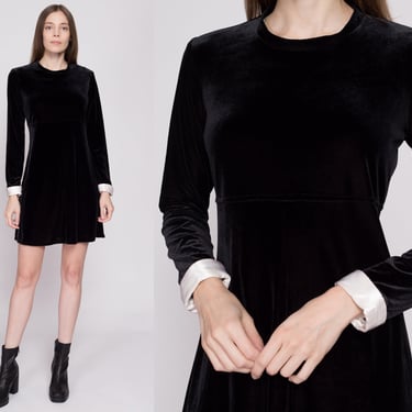 S-M| 90s Gothic Wednesday Addams Black Velvet Dress - Small to Medium | Vintage Satin Contrast Trim Mini Dress 