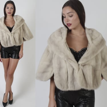 60s Natural Cream Mink Fur Capelet / Real Ivory Silver Color Cape / Vintage Huge Draped Fur Shawl Collar / Womens Cropped Lined Shrug 