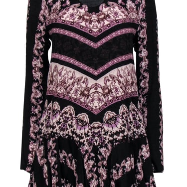 Free People - Black, Purple & Cream Floral & Bohemian Print Shift Dress Sz XS
