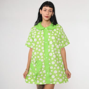 Vintage 60s Mod Dress Lime Green Polka Dot Peter Pan Collar 1960s Shift Pocket Go Go Short Sleeve A-Line Dolly Gogo Snap Button Up Large 