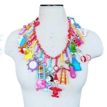 Vintage 1980's Plastic Bell Charm Necklace, Clip-on Charms, Retro Colorful Plastic Charm Necklace, Complete Charm Necklace with 23 Charms 