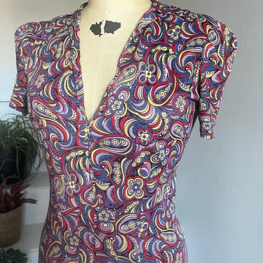 Glorious 1940s Swing Era Jewel Toned Print Rayon Jersey Dress Vintage 