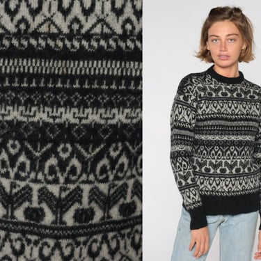 Wool Nordic Sweater 80s Black Bird Sweater Knit Striped Print Grey 1980s Jumper Vintage Pullover Fair Isle Small 