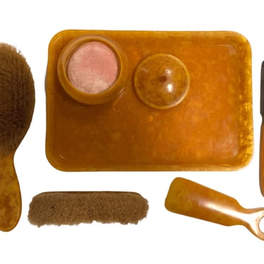 Vintage Bakelite Vanity Set with Tray, brushes, powder box, nail file and more 