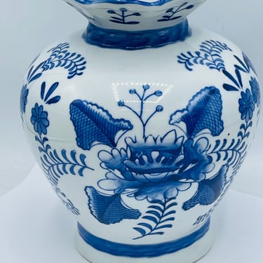 Vintage Blue and White Porcelain Vase with Hand Painted Floral Design- 8 3/4" tall- 