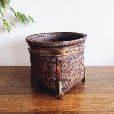 Vintage Asian Rattan and Bamboo Basket Planter 