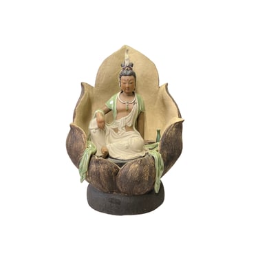 Chinese Tan Ceramic Sitting Lotus Kwan Yin Bodhisattva Buddha Statue ws3063E 