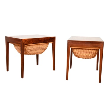 Danish Rosewood Pair Night Stands | Sewing Basket Tables w. Side Storage Drawer on Side