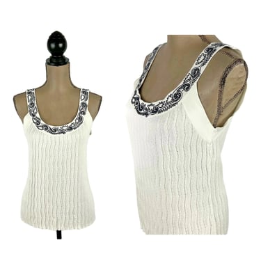 S-M 90s Y2K White Knit Tank with Black Embroidery, Summer Sleeveless Top, Pointelle Stretchy Ribbed, Womens Vintage Clothes Small Medium 