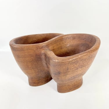 Mid Century Vintage Hand Turned / Carved Wooden Catch all Double Bowl Wood Mcm