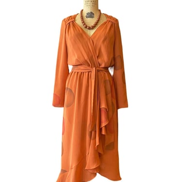 Vintage 1980s wrap style dress, burnt orange rayon crepe, novelty bubble print, karen tepper, small medium, 80s does 40s, 