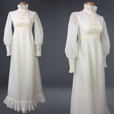 VINTAGE 60s 70s White Cottage Core Bishop Sleeve Maxi Dress | 1970s Gunne Style Prairie Prom Dress | 1960s Bohemian Bridal Wedding Dress vfg 