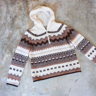 80s 90s Alpaca Blend Hooded Half Zip Fair Isle Sweater Size M 