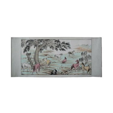 Horizontal Display Chinese Color Ink Eight Horses Scenery Scroll Painting s1307E 