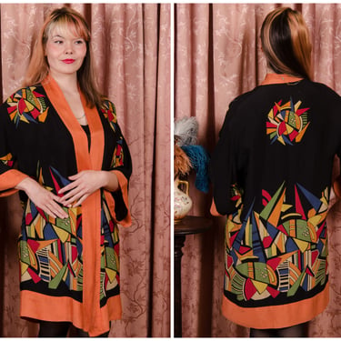 1920s Robe - Vibrant And RARE Art Deco 20s Kimono Inspired Decadently Printed High Deco Geometric in Lime, Red, Yellow, Blue, and Orange 