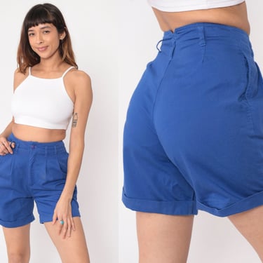 Pleated Blue Shorts 90s Mom Shorts High Waisted Retro Cuffed Trouser Shorts 1990s Royal Blue Cotton Vintage High Waist Small 26 