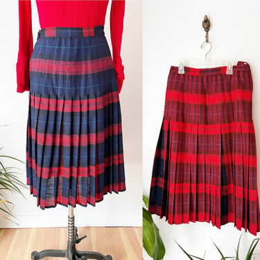 SIZE L 1970s Red & Blue Turnabout Tartan Plaid Skirt / 70s Reversible Plaid Skirt / Fall Plaid Skirt Pleated Light Academia Charlotte Ford 