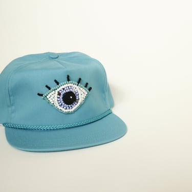Beaded Third Eye Upcycled Vintage 90's Hat - Turquoise - Glass Beads and Button Eye - Leather Adjustable Strap 