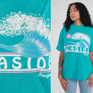 Vintage Seaside Oregon Shirt 90s Wave Surf Tshirt Surfing Beach Graphic Tee 1990s Retro T Shirt Teal Green Crewneck Jerzees Large 