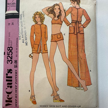 70's Vintage McCall's 3258, Swim Suit And Cover Up, UNCUT, Size 12 Bust 34, Full Length Cover Up, Beach Ware, 1972, Sewing Pattern 