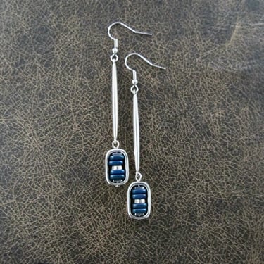 Mid century modern blue hematite earrings, silver 