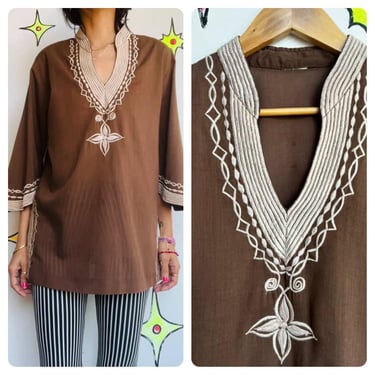 Vintage Brown Boho Embroidered Cotton Blouse - Peasant Style Folk Top - Flowy 