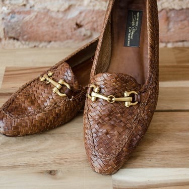 brown woven leather loafers | 80s 90s vintage Sesto Meucci dark academia preppy penny loafers US size 7.5 