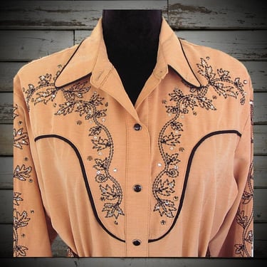 Vintage Retro Women's Cowgirl Shirt by Western Collection Styles, Peach with Black Embroidery, Rhinestones, Size XLarge (see meas. photo) 