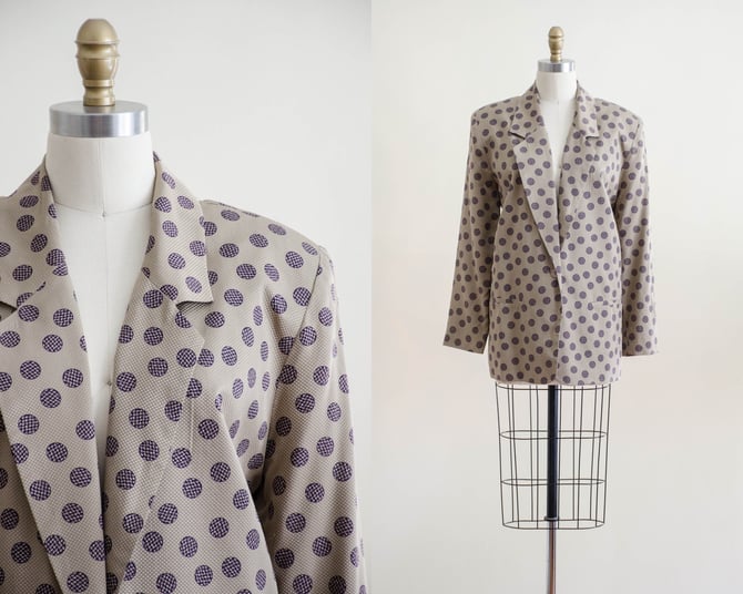 tan silk jacket | polka dot silk blazer | 80s vintage blazer 