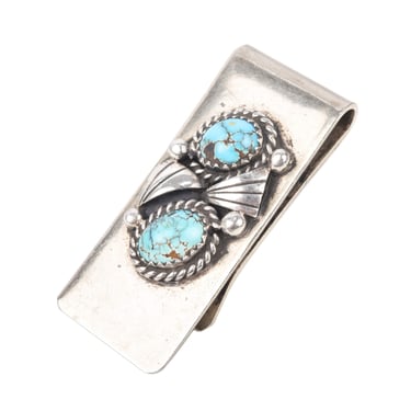 Navajo Two-Stone Turquoise Money Clip In Sterling Silver, Native American Jewelry, 1.875