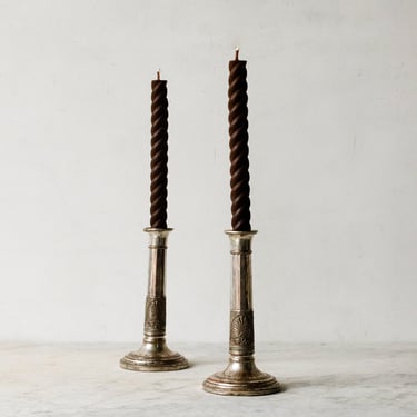 Pair of Vintage Embossed Candlesticks with Beeswax Tapers