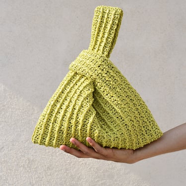 Raffia Knot Bag in Lime, Crochet Raffia Handbag, Summer Wrist Bag, Minimal Straw Bag, Handcrafted Pouch Purse — The Raffia Knot Bag 