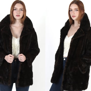 Womens Fur Back Collar Mink Coat, Vintage 70s Mahogany Mink Jacket, Luxurious Natural Dark Brown Plush Fur Sz L 