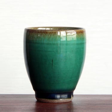 Rare Otaru Kiln Pottery | Deep Green Glaze Japanese Tea Cup 