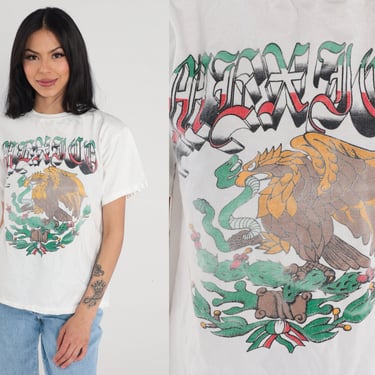 Mexico T-Shirt 90s Mexican Coat of Arms Shirt Eagle Snake Prickly Pear Cactus Graphic Tee Travel Tourist MX Crest White Vintage 1990s Medium 
