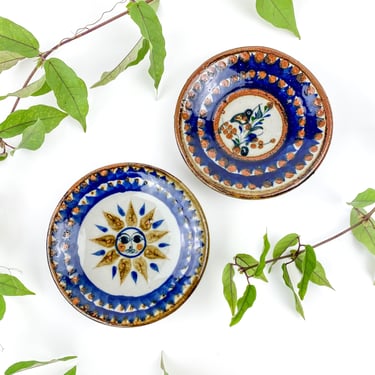 Vintage Handmade Tonala Pottery Plates | Sun & Bird Motif | Mexican Pottery 