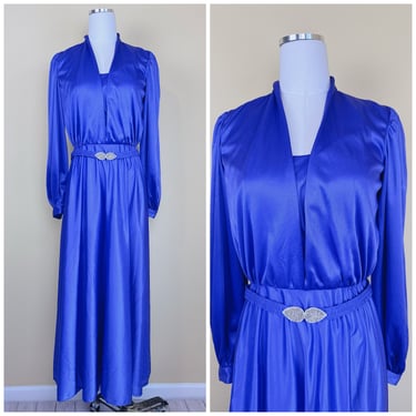 1980s Vintage Mike Benet Deep Blue Polyester Evening Gown / 80s Blouson Beaded Belt Modest Party Maxi / Medium 